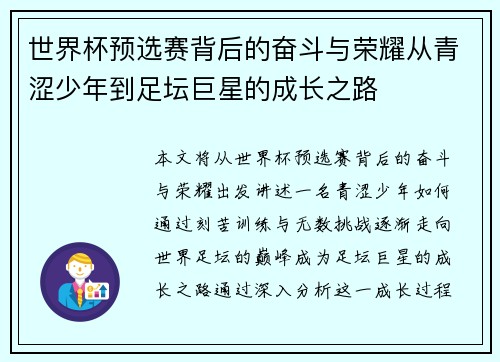 世界杯预选赛背后的奋斗与荣耀从青涩少年到足坛巨星的成长之路