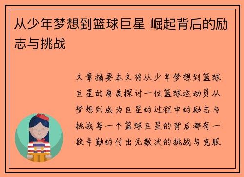 从少年梦想到篮球巨星 崛起背后的励志与挑战