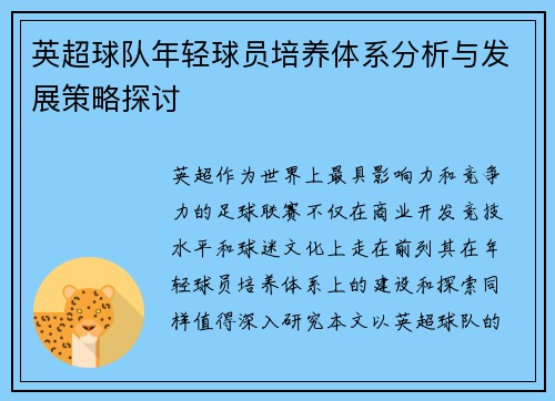 英超球队年轻球员培养体系分析与发展策略探讨